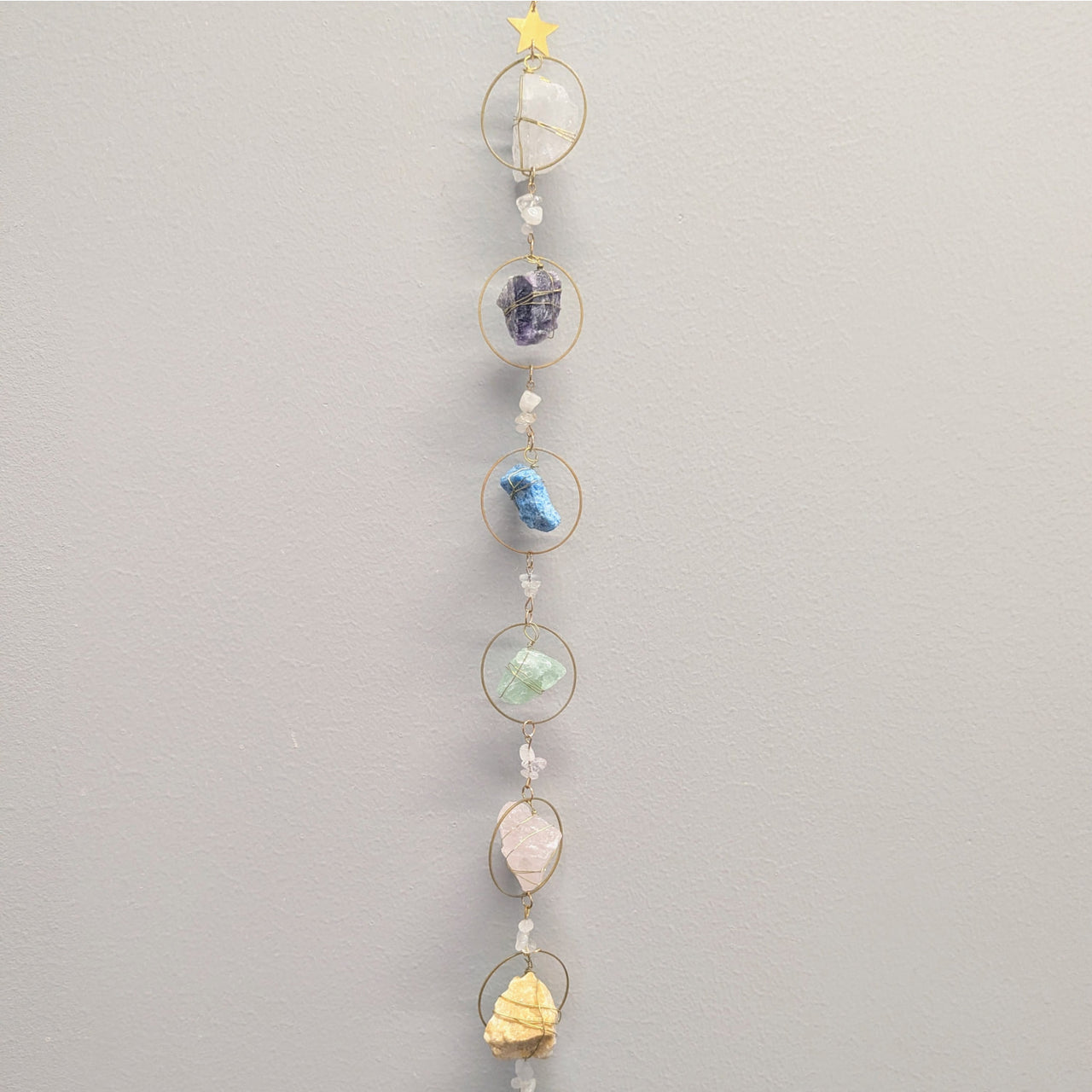 Crystal and gold ring wall hanging on Mini Rough Stone 24 inch Crystal Suncatcher #LV8581