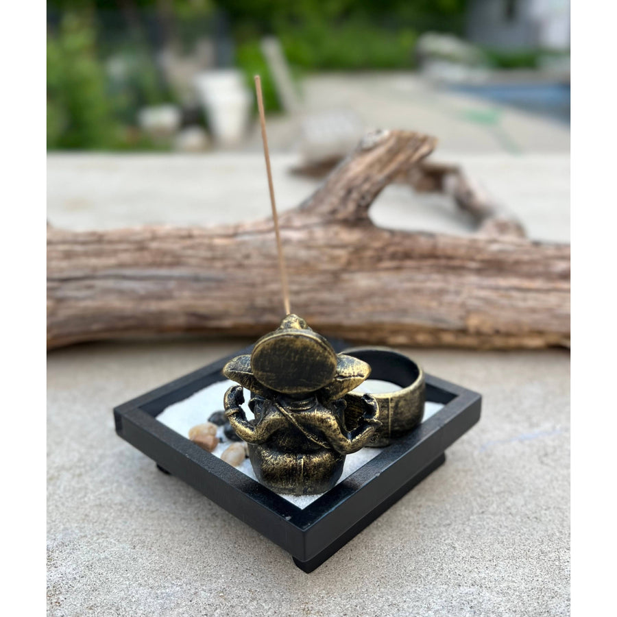Mini Zen Garden Ganesh Statue Candle and Incense Holder displaying a Zen garden incense holder