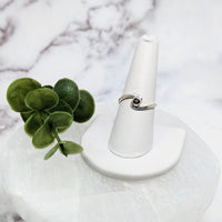 Moldavite .5’ S.S. Swoop Ring #LV3961 - White Ring with Green Plant on Top