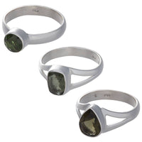 Three moss agate sterling silver rings in assorted faceted shapes