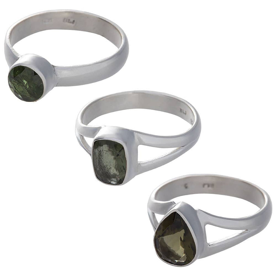 Three moss agate sterling silver rings in assorted faceted shapes