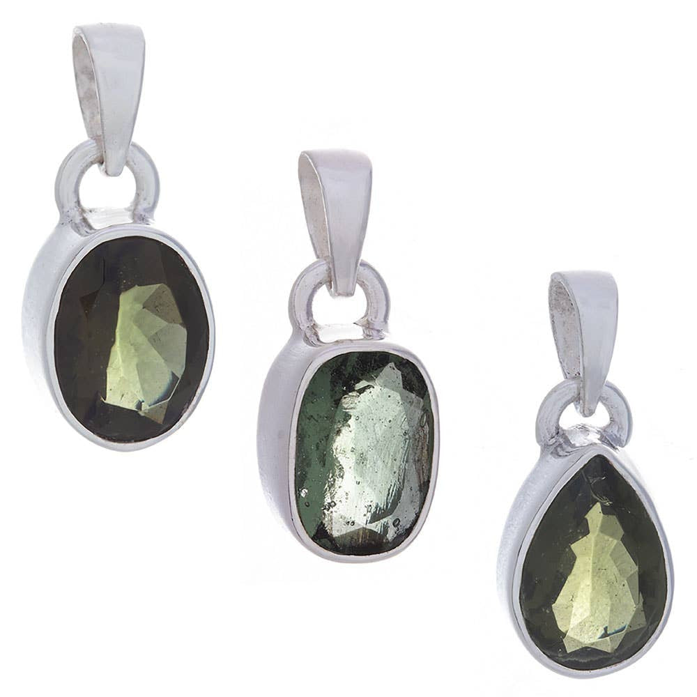 Three sterling silver moss agate faceted pendants in oval, rectangular, teardrop shapes