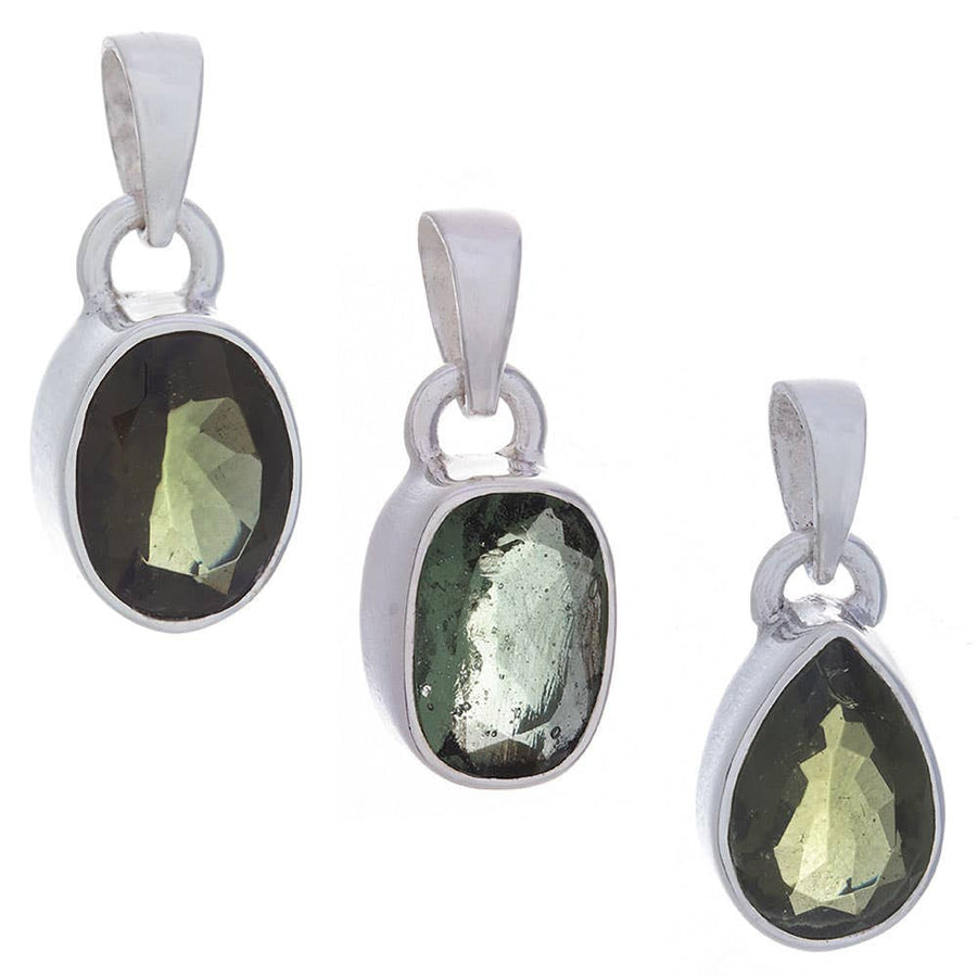 Three sterling silver moss agate faceted pendants in oval, rectangular, teardrop shapes