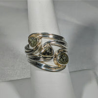 Moldavite Sterling Silver Swoop Ring with Two Green Stones #SK2626