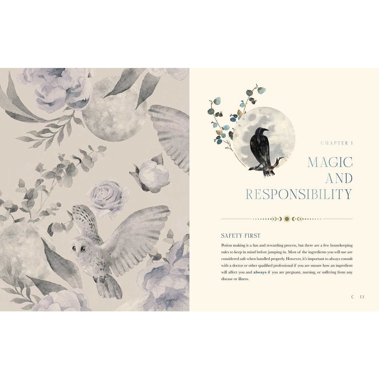 Open book page with watercolor illustrations from Moon Apothecary by Lorraine Anderson