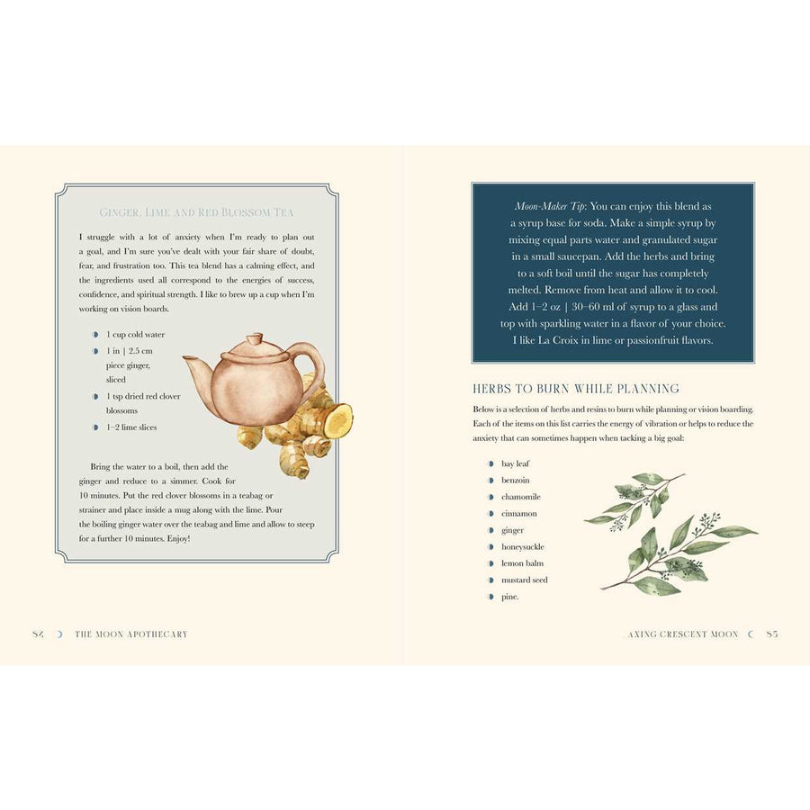 Recipe for anxiety-relieving tea displayed with Moon Apothecary by Lorraine Anderson LV7323