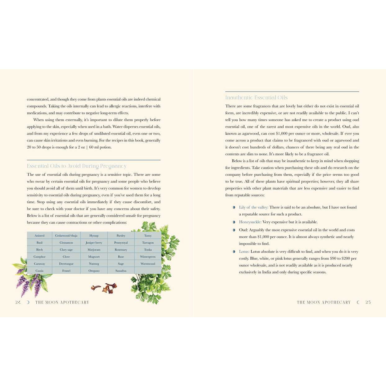 Pages from Moon Apothecary by Lorraine Anderson about essential oils display in a product shot