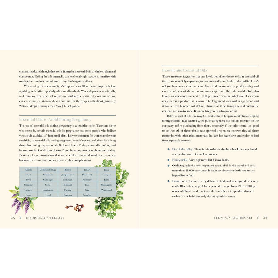 Pages from Moon Apothecary by Lorraine Anderson about essential oils display in a product shot