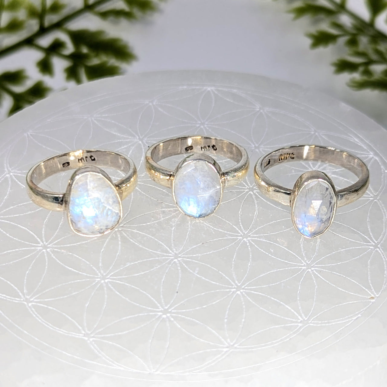 Three faceted moonstone oval silver rings size 7.75 #BC1083