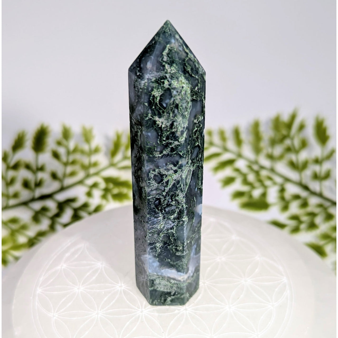 Moss Agate 3.5’’ Tower #BC1209 green gray crystal on white base