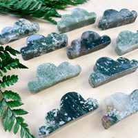 Cloud-shaped moss agate jadeite carving with swirling green, black, white patterns #LV9099