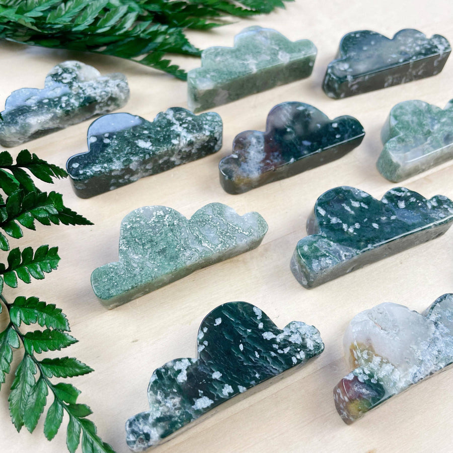 Cloud-shaped moss agate jadeite carving with swirling green, black, white patterns #LV9099