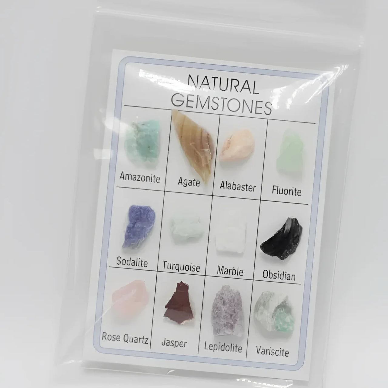 Natural Gemstone Card Pack #XBH004D featuring a bag of colorful crystals