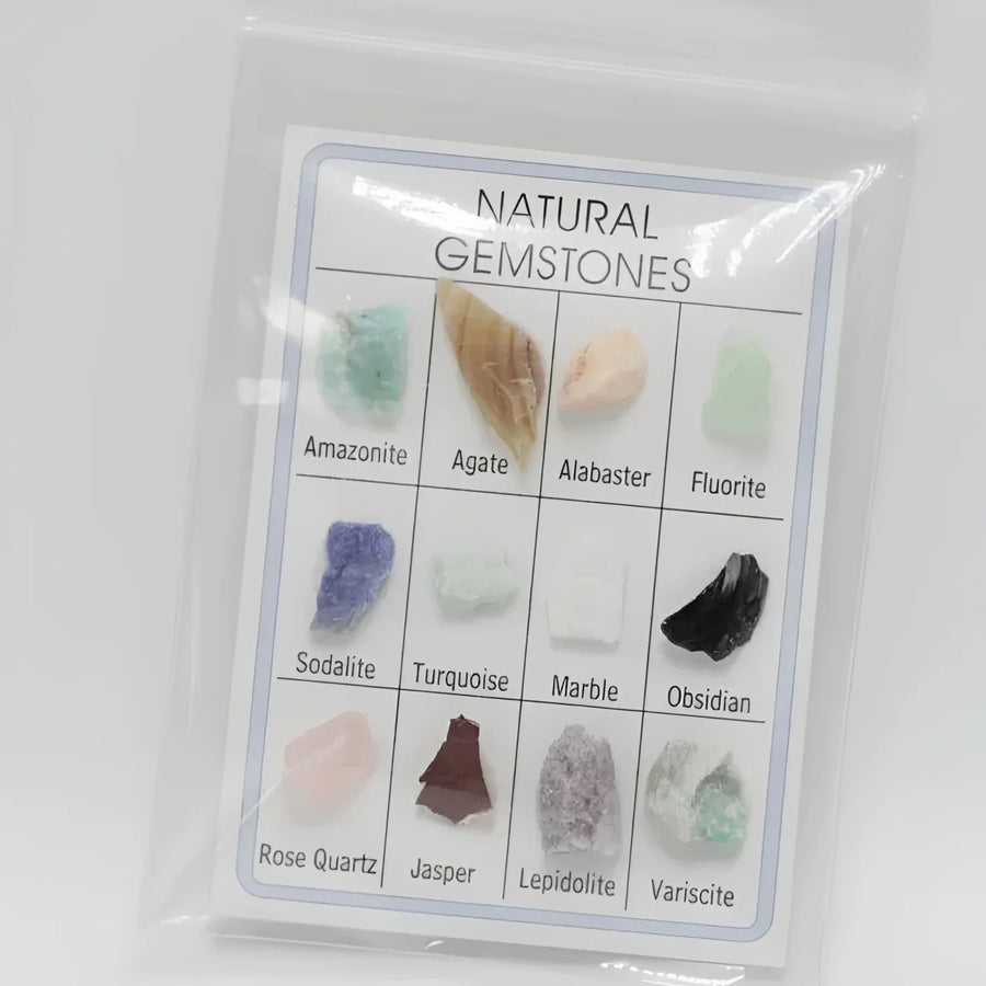 Natural Gemstone Card Pack #XBH004D featuring a bag of colorful crystals