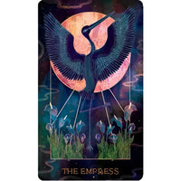 A bird with wings spread in front of a full moon from Orien’s Animal Tarot card deck