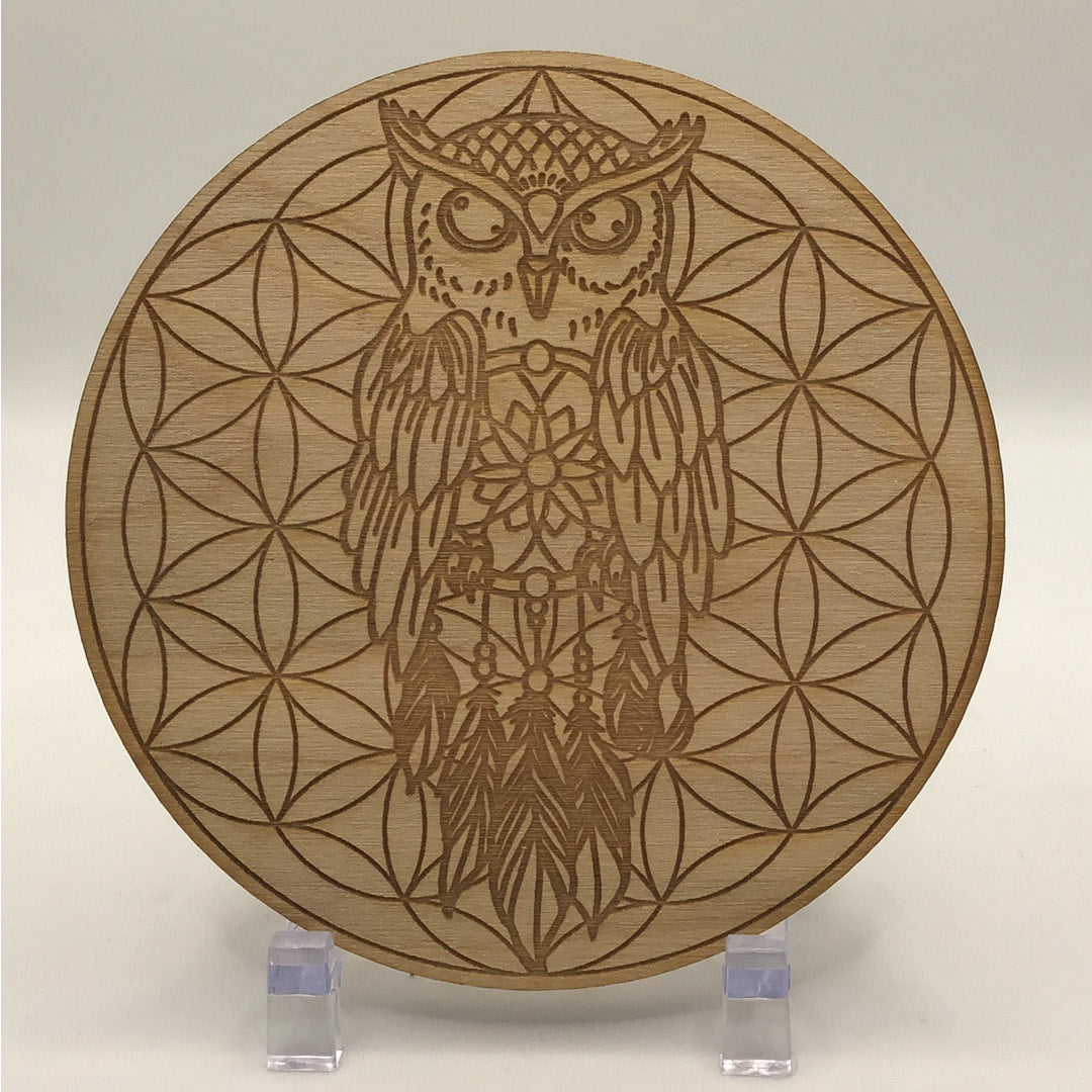 Owl Flower of Life Etched Wood Grid - Wooden Plaque with Owl Design #SK2214