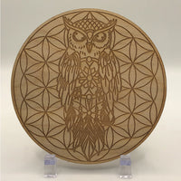 Owl Flower of Life Etched Wood Grid - Wooden Plaque with Owl Design #SK2214