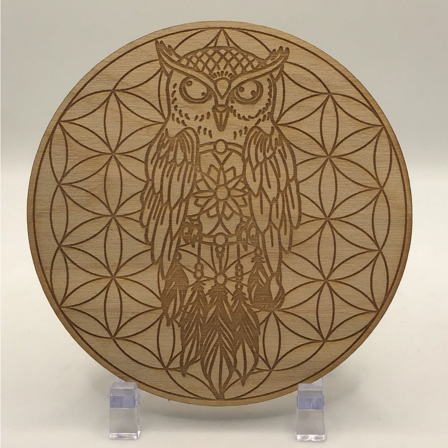 Owl Flower of Life Etched Wood Grid - Wooden Plaque with Owl Design #SK2214