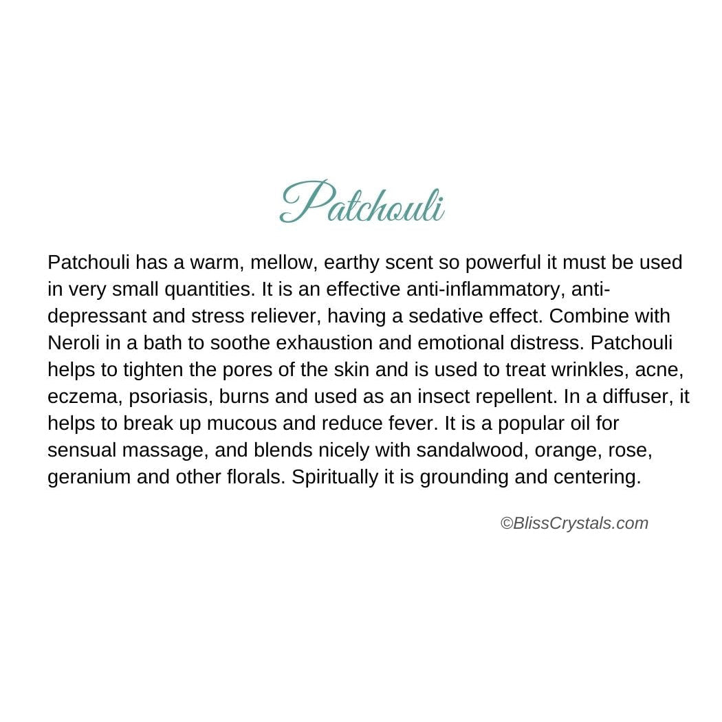 Patchouli Essential Oil Info Card #Q067 displaying a quote from the book ’____’