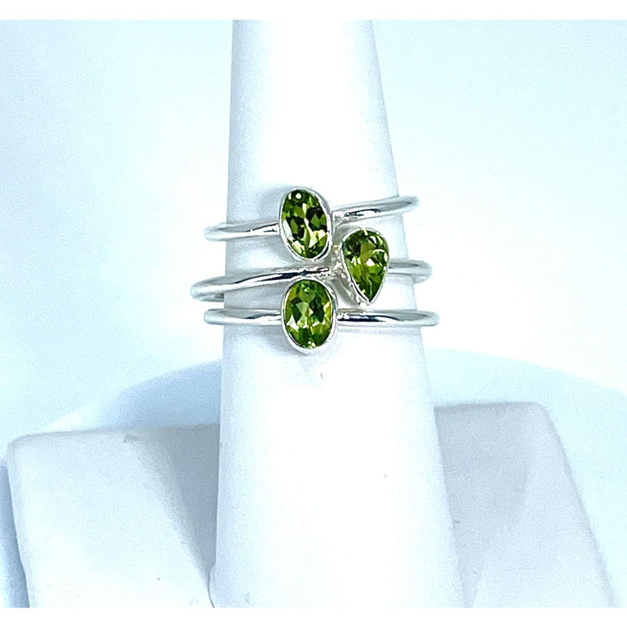 Sterling Silver Ring with Two Green Gems - Peridot Dainty Stackable Design #J518