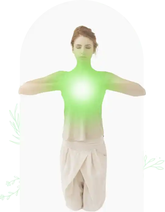 A person with a glowing green light emanating from their chest area while floating with arms outstretched.
