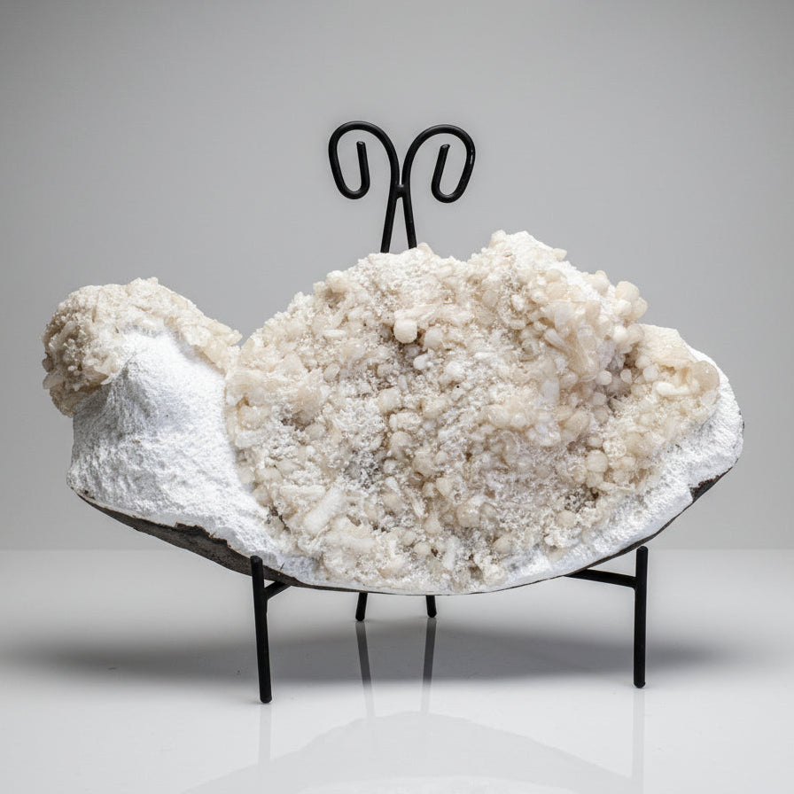 A white quartz geode with rough exterior and translucent crystals in pink heulandite and stilbite cluster on white mordonite base