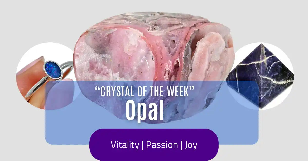Pink and iridescent opal crystal with flashes of blue and purple hues.