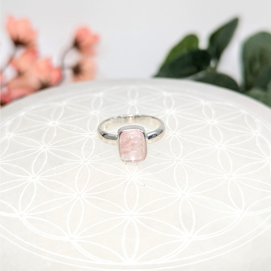 Silver ring with pink Morganite stone and rectangular design, size 6.75