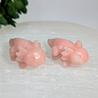 Two pink translucent rose quartz axolotl carvings, 1.5 inch #BC0637