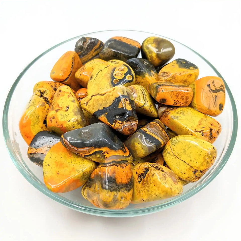 Polished yellow and black jasper stones in a glass bowl.