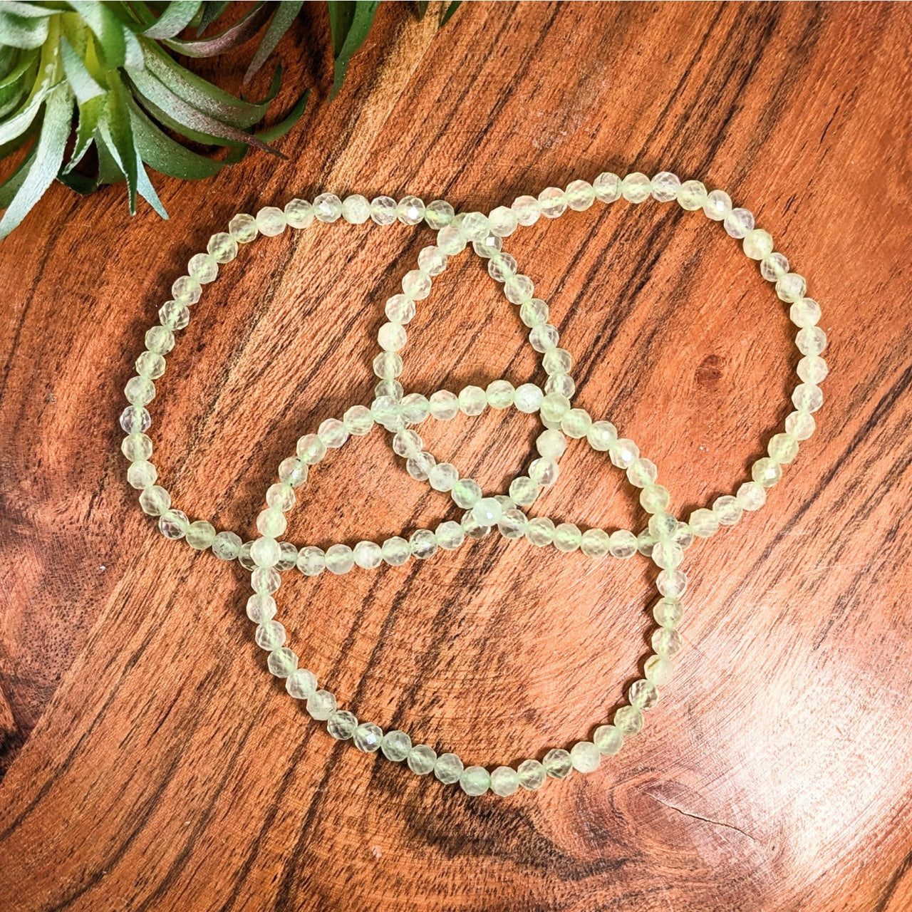 Light green beaded Prehnite 7-inch faceted bracelet displayed in product #LV1844
