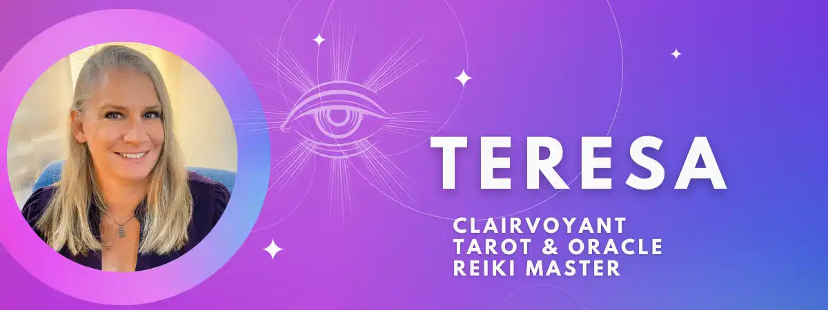 Purple banner with white text and a mystical eye symbol alongside a circular profile photo.