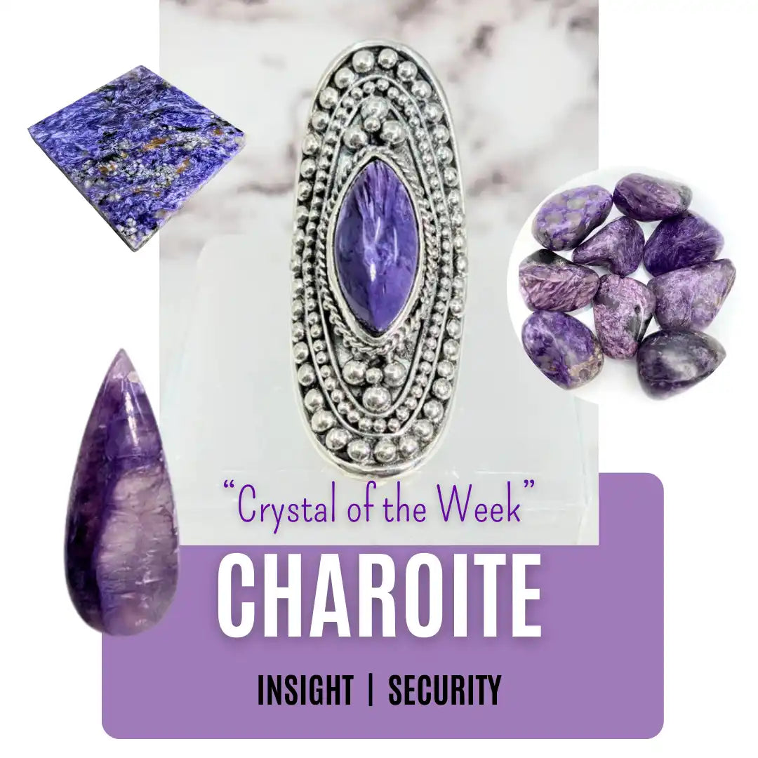 Purple charoite crystal specimens and a silver ring featuring a charoite gemstone.
