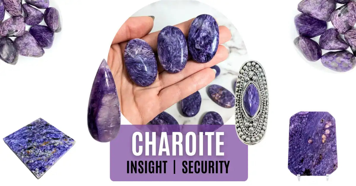 Purple charoite crystals and stones with a decorative silver pendant featuring a charoite centerpiece.