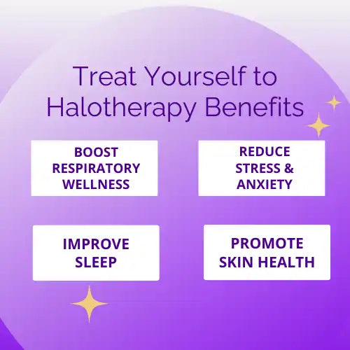 Purple and white infographic showing four key benefits of halotherapy: respiratory wellness, stress reduction, sleep improvement, and skin health promotion.
