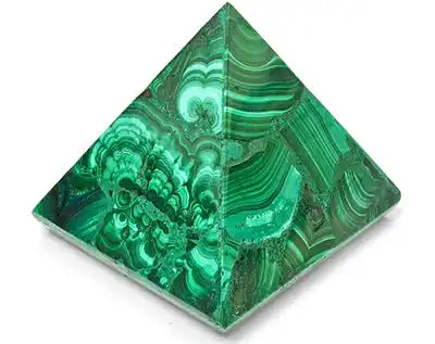 Pyramid-shaped malachite stone with swirling green bands and patterns.