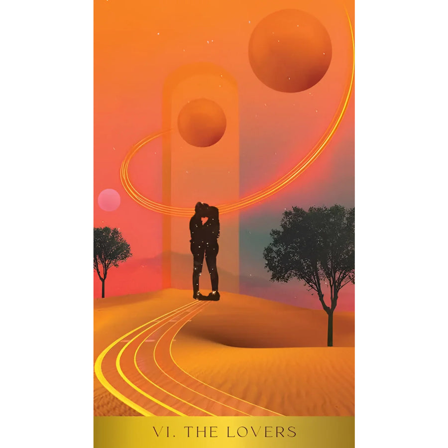 Tarot card showing embracing figures from Radiant Wilds Tarot by Nat Girsberger
