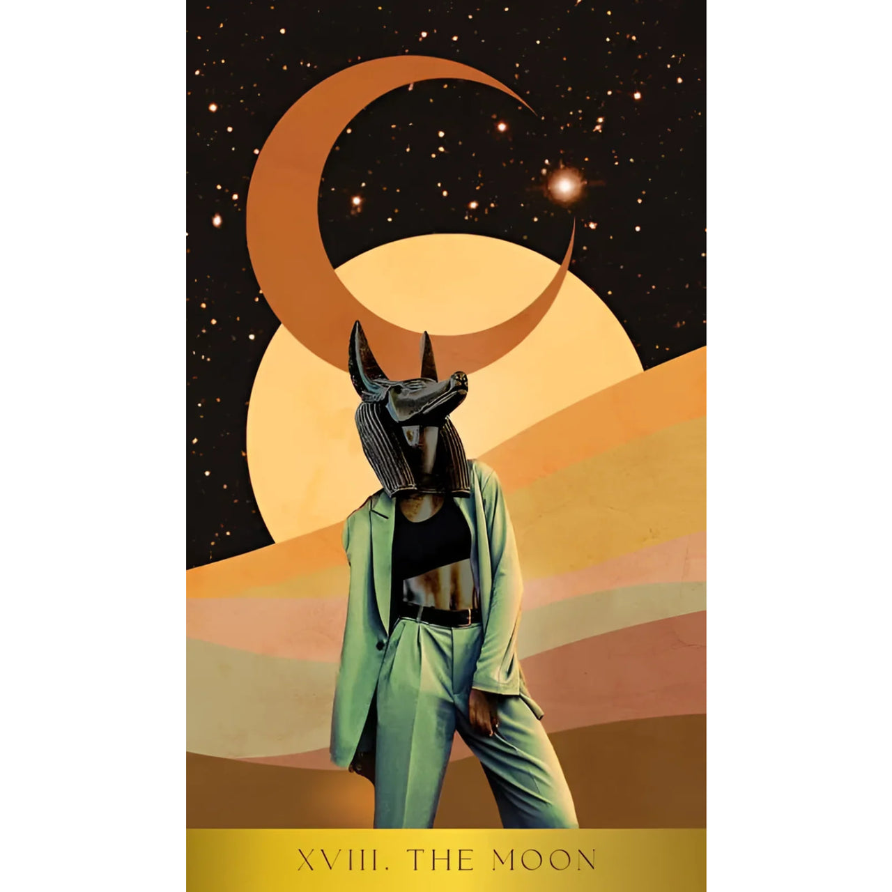 Radiant Wilds Tarot card featuring a figure with an Anubis mask by Nat Girsberger