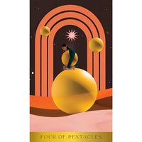 Radiant Wilds Tarot card featuring a person on a golden sphere by Nat Girsberger