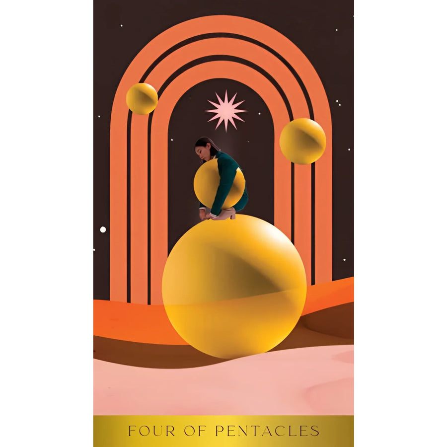 Radiant Wilds Tarot card featuring a person on a golden sphere by Nat Girsberger