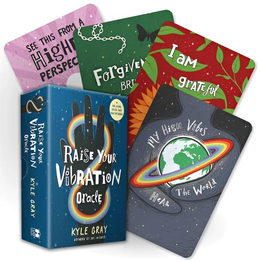 Blue Raise Your Vibration Oracle book by Kyle Gray with glowing handprint