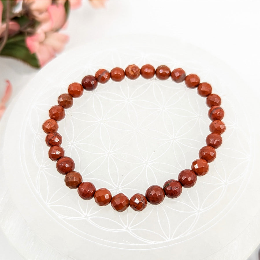Red Jasper Beaded Bracelet with Faceted 6mm Stones on a 7-inch stretch