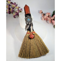Rustic red jasper point dreamcatcher witch’s broom with quartz handle, 7-7.5’’L