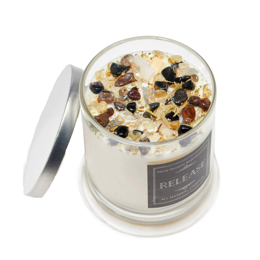 Release Ritual Candle: Soy Jar with White Wax and Black, Brown, Translucent Stones