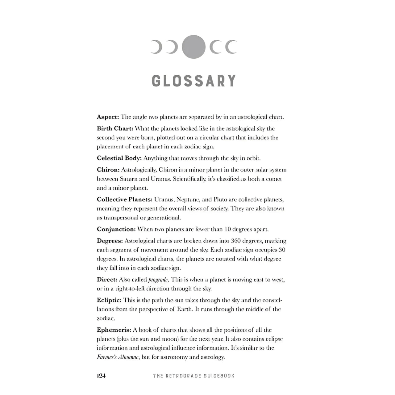 Astrological glossary page from Retrograde Guidebook by Jennifer Billock, product #LV7326