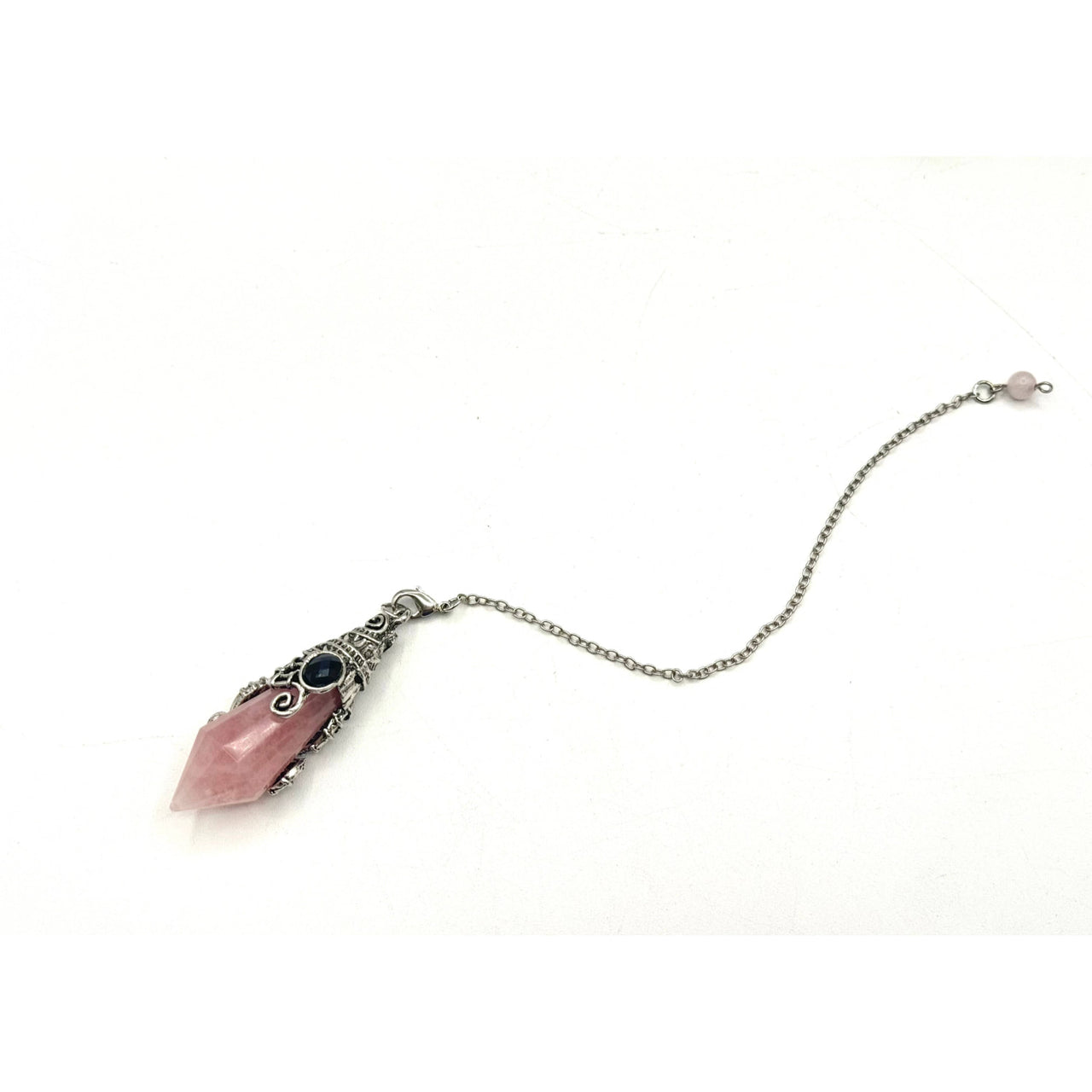 Rose Quartz 12-Faceted Pendant Necklace with Antique Silver Filigree and Black Accents #LV9533