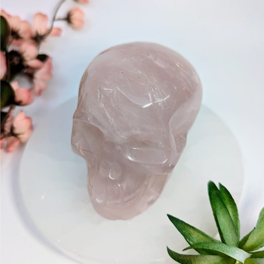 Rose quartz naturally carved skull showing spiritual aphrodisiac and heart’s deepest yearnings