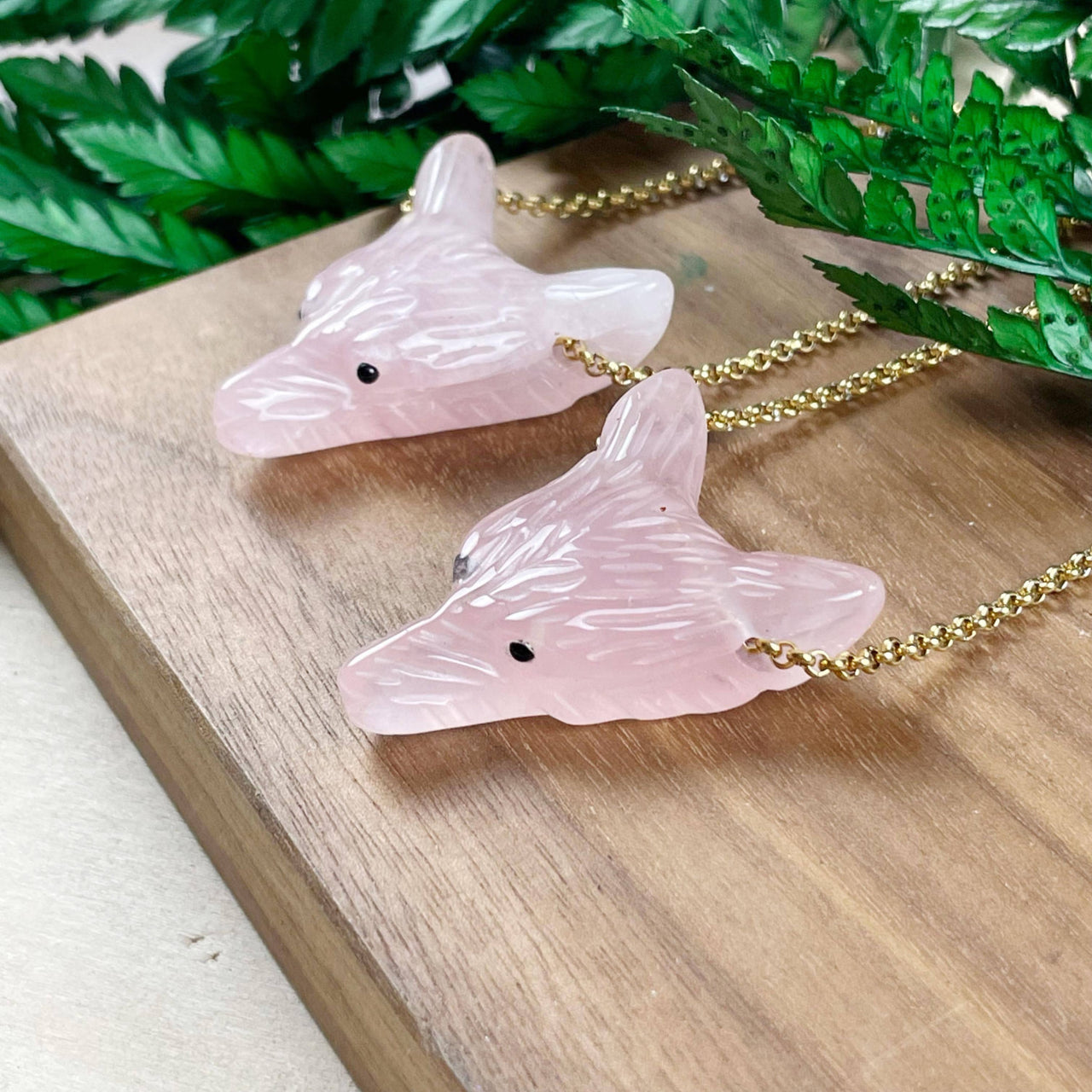 Pink Rose Quartz Dolphin Necklace with Gold Chain LV9196