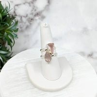 Rose Quartz Faceted Sterling Silver Ring on White Stand with Plant Background - Size 6-8 #LV3217