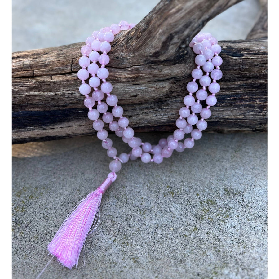 Pink beaded mala necklace with tassel from Rose Quartz Hand Knotted Mala product